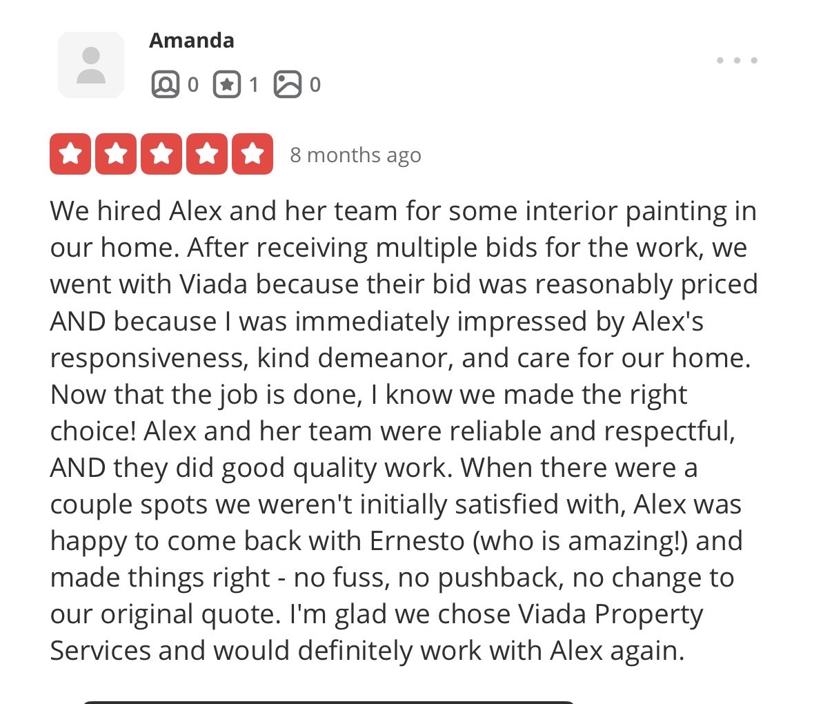 Five-star customer review from Amanda about Viada Property Services