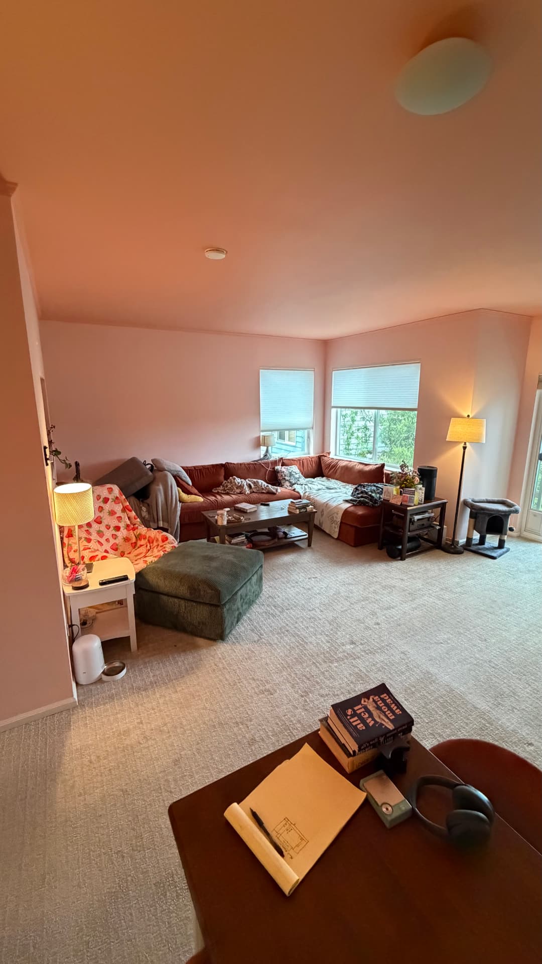 Living room before and after new plank flooring — before